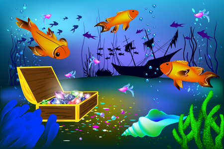 Undersea vector illustration with sunk ship and chest with gems and big fishesのイラスト素材