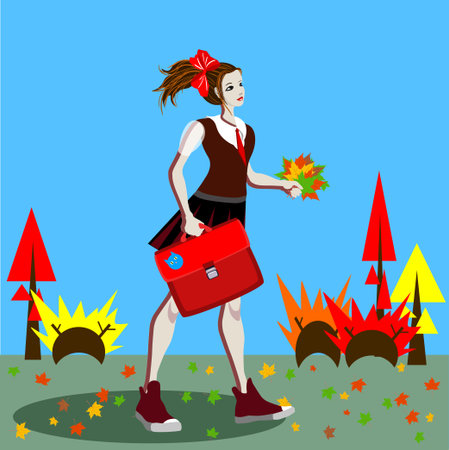 School girl in uniform with ponytails going to school. Vector illustrationのイラスト素材