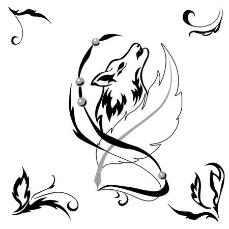 Tattoostyle wolf and feather for salons and printsのイラスト素材