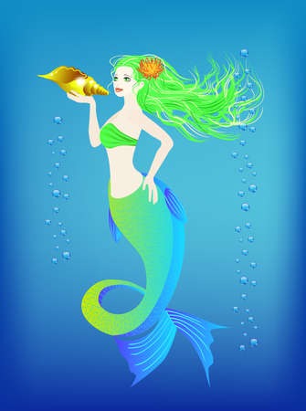Underwater world, little mermaid and seashell vector illustration.のイラスト素材