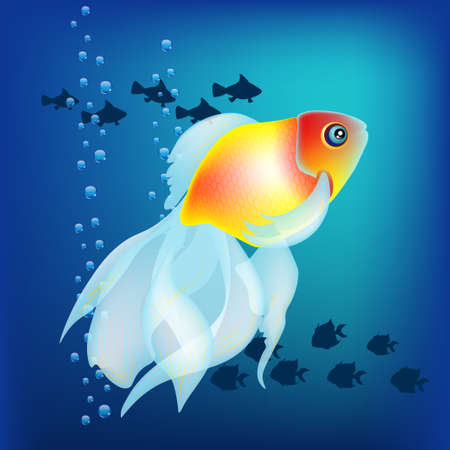 Vector realistic golden fish on the dark blue backgroundのイラスト素材