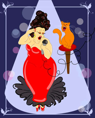 Fat lady and a red cat singing on the stage, vector illustrationのイラスト素材