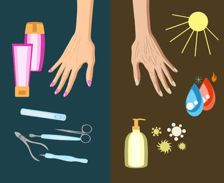 The process of hand skin aging, reason. Vector illustration isolatedのイラスト素材