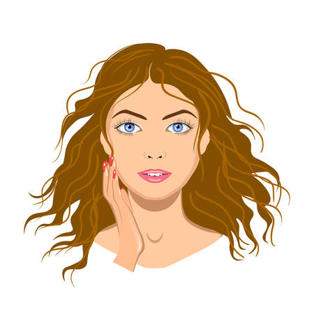 Beautiful woman face with a hand, isolated on the white backgroundのイラスト素材
