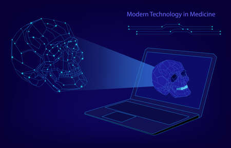 Abstract biotechnology vector background. Medicine technology futuristic illustration. Laptop with a skull imageのイラスト素材