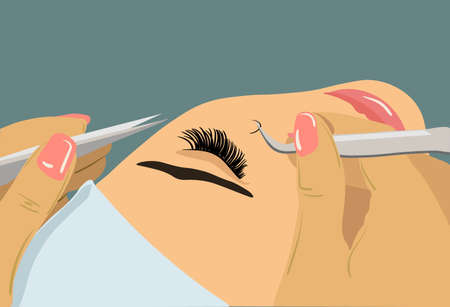 Eyelash Extension. Procedure for eyelash extension. Master tweezers add the false or fake cilia to the client. Stock vector illustrationのイラスト素材