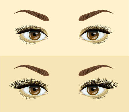eyelashes extension. . Before and after effect. Beauty open eye with short and long eyelashes Vector illustration.のイラスト素材