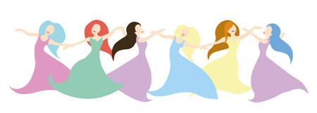 Vector illustration of colorful women holding hands and dancing,のイラスト素材