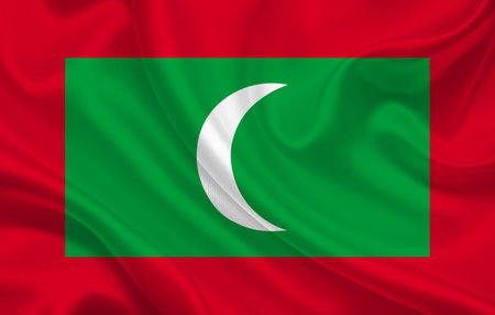 Maldives country flag on wavy silk fabric background panorama - illustration