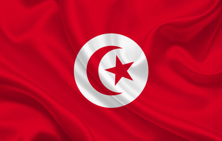 Tunisia country flag on wavy silk fabric background panorama - illustrationの写真素材