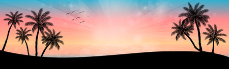 Sunset on the beach with palm trees - illustrationの写真素材