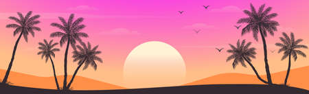 Sunset on the beach with palm trees - illustrationのイラスト素材