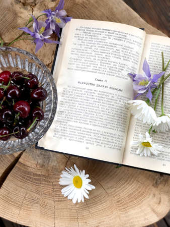 Still life with a book and cherries on a wooden table - Photoの写真素材