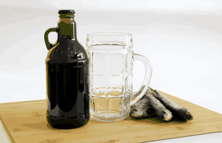 Mug of dark beer 500 ml with fish on a wooden board - Vector illustration