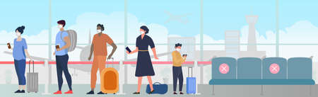 A large queue of people in the airport building waiting for boarding - Vector illustrationのイラスト素材