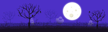 Scary gloomy night abandoned cemetery in the light of the moon - Illustration