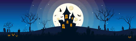 Scary gloomy night abandoned cemetery on the background of the castle - illustrationのイラスト素材