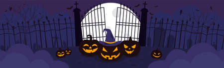 Scary gloomy night abandoned cemetery on the background of the castle - illustrationのイラスト素材