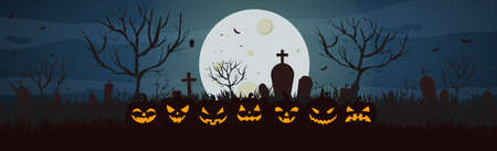 Scary gloomy night abandoned cemetery on the background of the castle - illustrationのイラスト素材