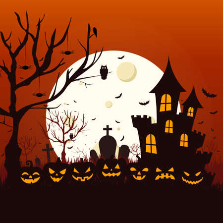 Scary gloomy night abandoned cemetery on the background of the castle - illustrationの写真素材
