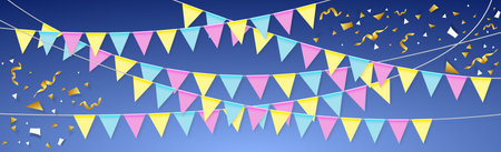 Hanging holiday flags of different colors on a blue background - illustrationの写真素材