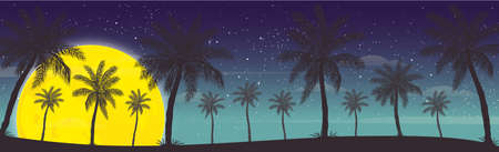Night panorama moon on the background of palm trees - illustrationの写真素材