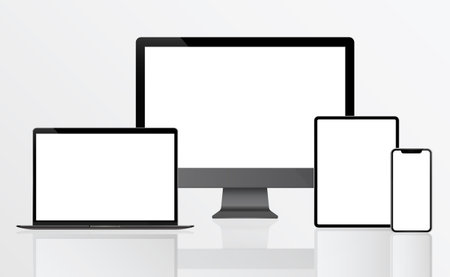 PC Monitor, Laptop, Tablet, Smartphone in Black, Silver and White with Reflection - Realistic Vector...