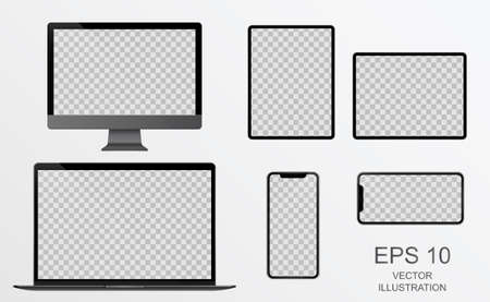 PC Monitor, Laptop, Tablet, Smartphone in Black, Silver and White with Reflection - Realistic Vector illustrationの写真素材