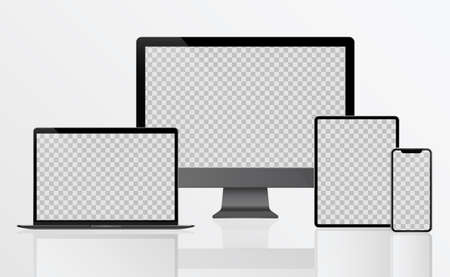 PC Monitor, Laptop, Tablet, Smartphone in Black, Silver and White with Reflection - Realistic Vectorのイラスト素材