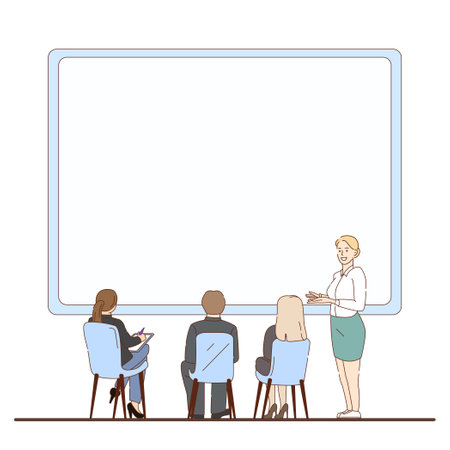 Business presentation, woman shows information on whiteboard - Vector illustrationのイラスト素材