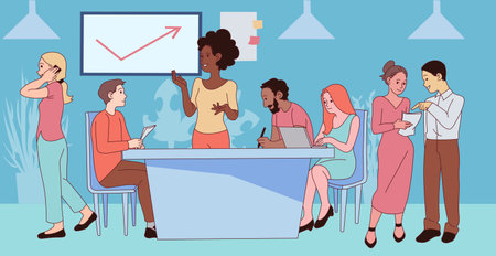 Business team meeting, discussion of working moments - Vector illustrationのイラスト素材
