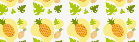 Seamless pattern, realistic ripe pineapples and leaves - Vector illustrationのイラスト素材