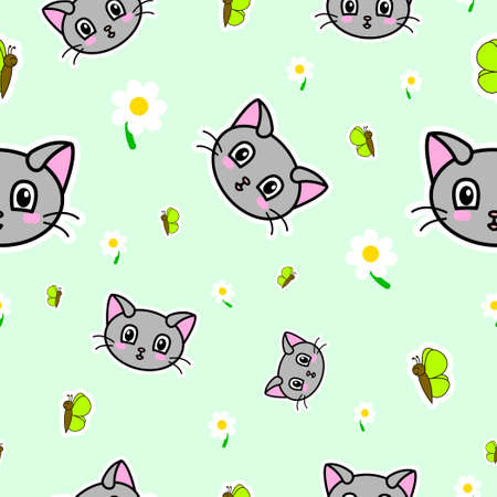 Seamless pattern, many cats, butterflies and daisies - Vector illustrationのイラスト素材