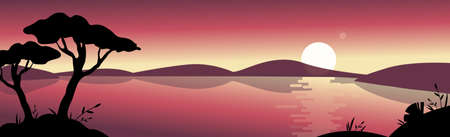 Panoramic mountain bright sunny landscape with a large lake - Vector illustrationのイラスト素材