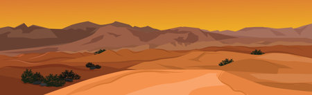 Panoramic landscape hot desert, sand dunes - Vector illustrationのイラスト素材