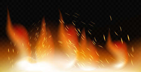 Realistic fire on a dark background - Vector illustrationのイラスト素材