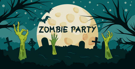 Realistic Night Cemetery Hands Crawling Out of the Ground - Vector illustrationのイラスト素材