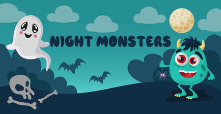 Realistic ghosts and monsters in the halloween cemetery - Vector illustrationのイラスト素材