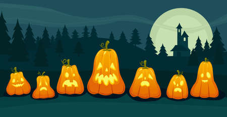 Realistic holiday pumpkins on halloween moon background - Vector illustrationのイラスト素材