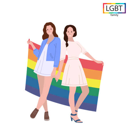 Family two girls holding a rainbow flag at the parade - Vector illustrationのイラスト素材
