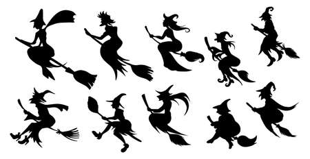 Set of 10 different witches on a Halloween broomstick on a white background - Vector illustrationのイラスト素材