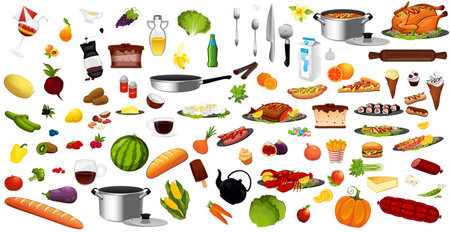 Realistic products, vegetables and fruits on a white background - Vector illustrationのイラスト素材