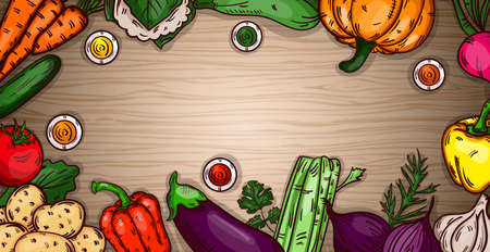 Realistic various vegetables on wooden background - Vector illustrationのイラスト素材