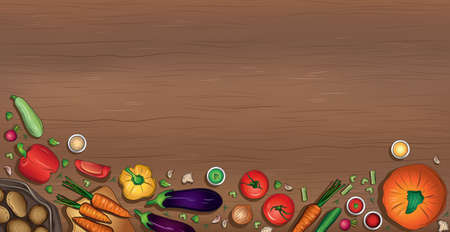 Realistic various vegetables on wooden background - Vector illustrationのイラスト素材