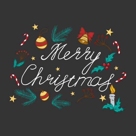 Merry Christmas calligraphy lettering isolated on dark web background with holiday elements - Vector illustrationのイラスト素材