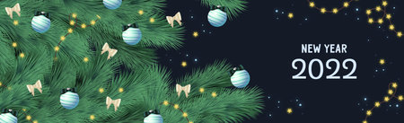Christmas branches with festive balls and garlands, Happy New Year and Merry Christmas greetings on...