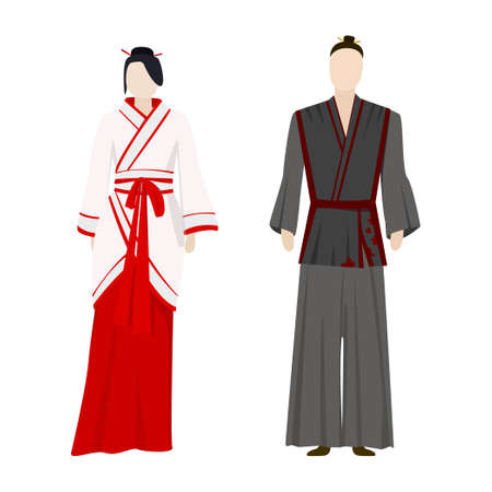 Girl and man in Japanese folk national festive costumes - Vector illustrationのイラスト素材