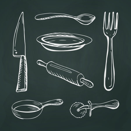 Set of 7 cutlery thin white lines on a textural dark background - Vector illustrationのイラスト素材