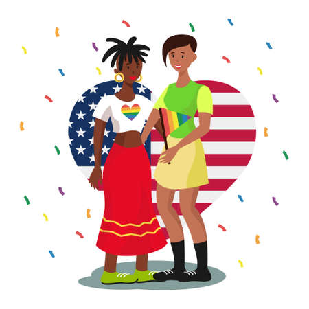 LGBT family on the background of the USA flag, two women white background - Vector illustrationのイラスト素材