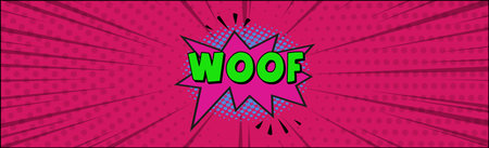 Comic zoom inscription WOOF on a colored background - Vector illustration